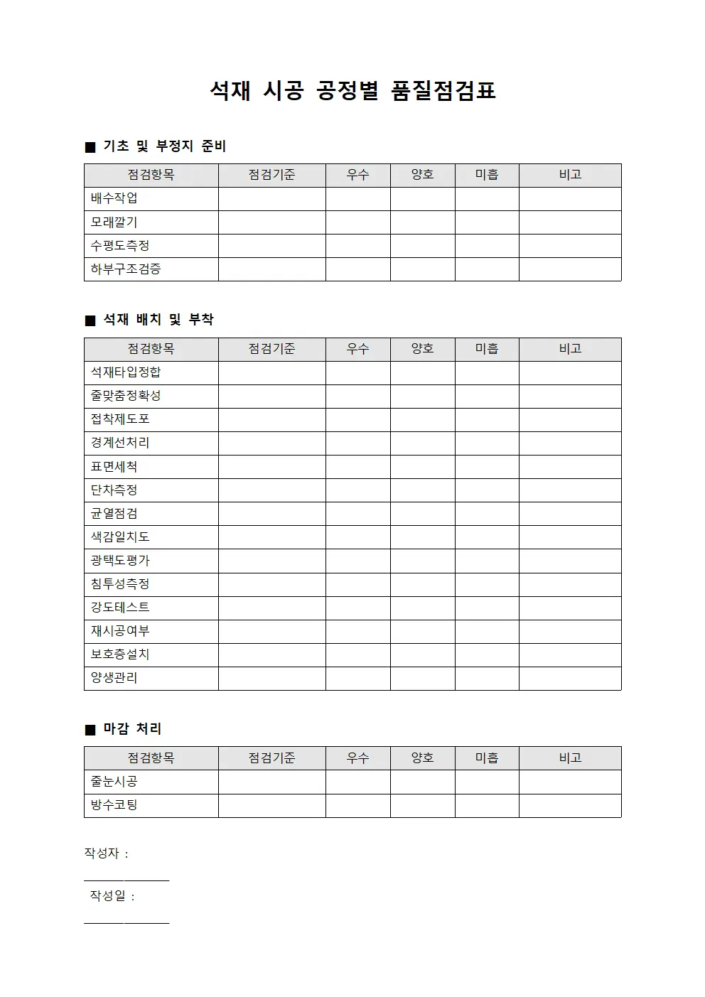석재 시공 공정별 품질점검표 양식.서식