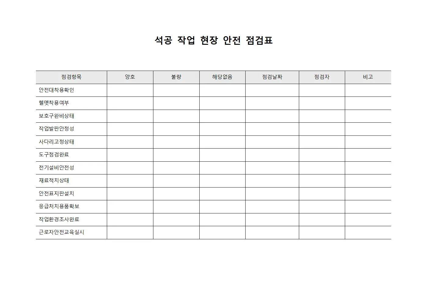 석공 작업 현장 안전 점검표 양식파일