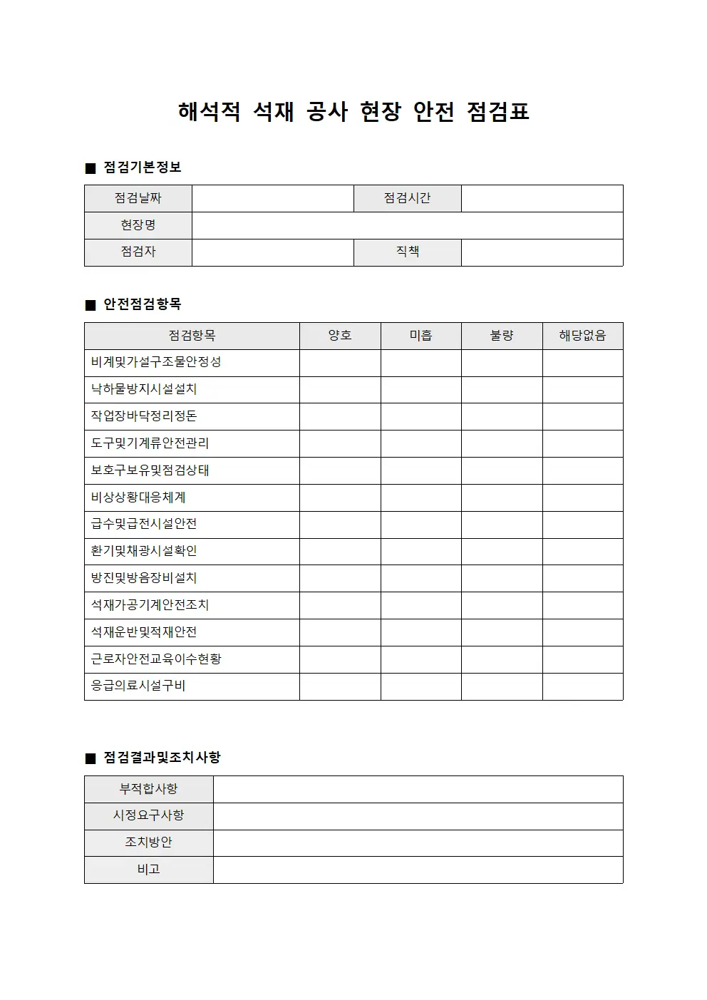 해석적 석재 공사 현장 안전 점검표