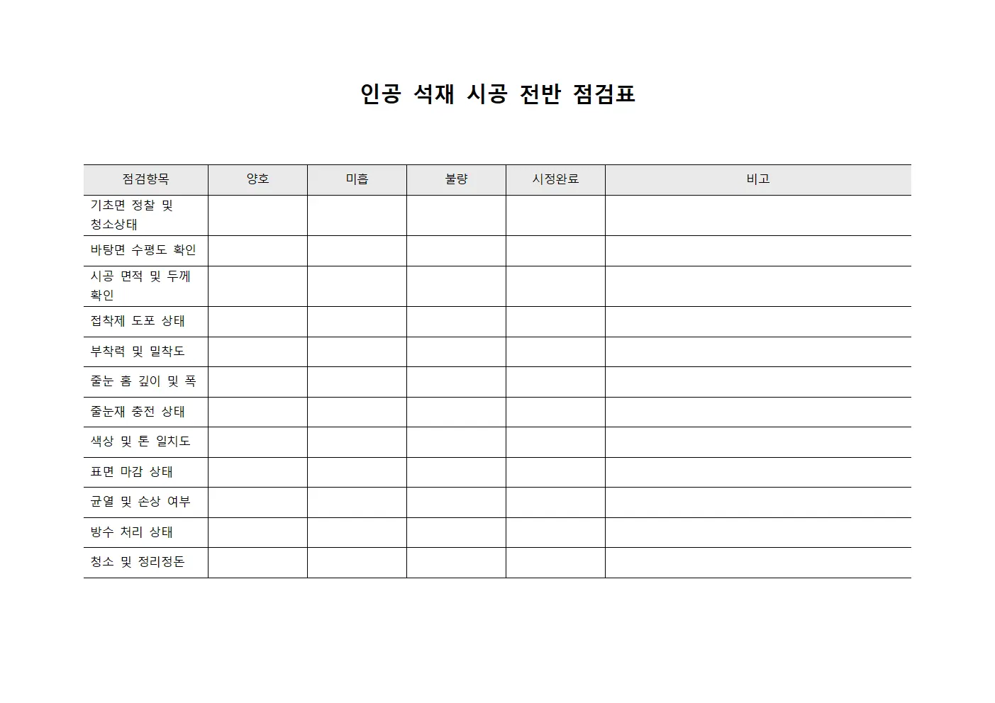 인공 석재 시공 전반 점검표