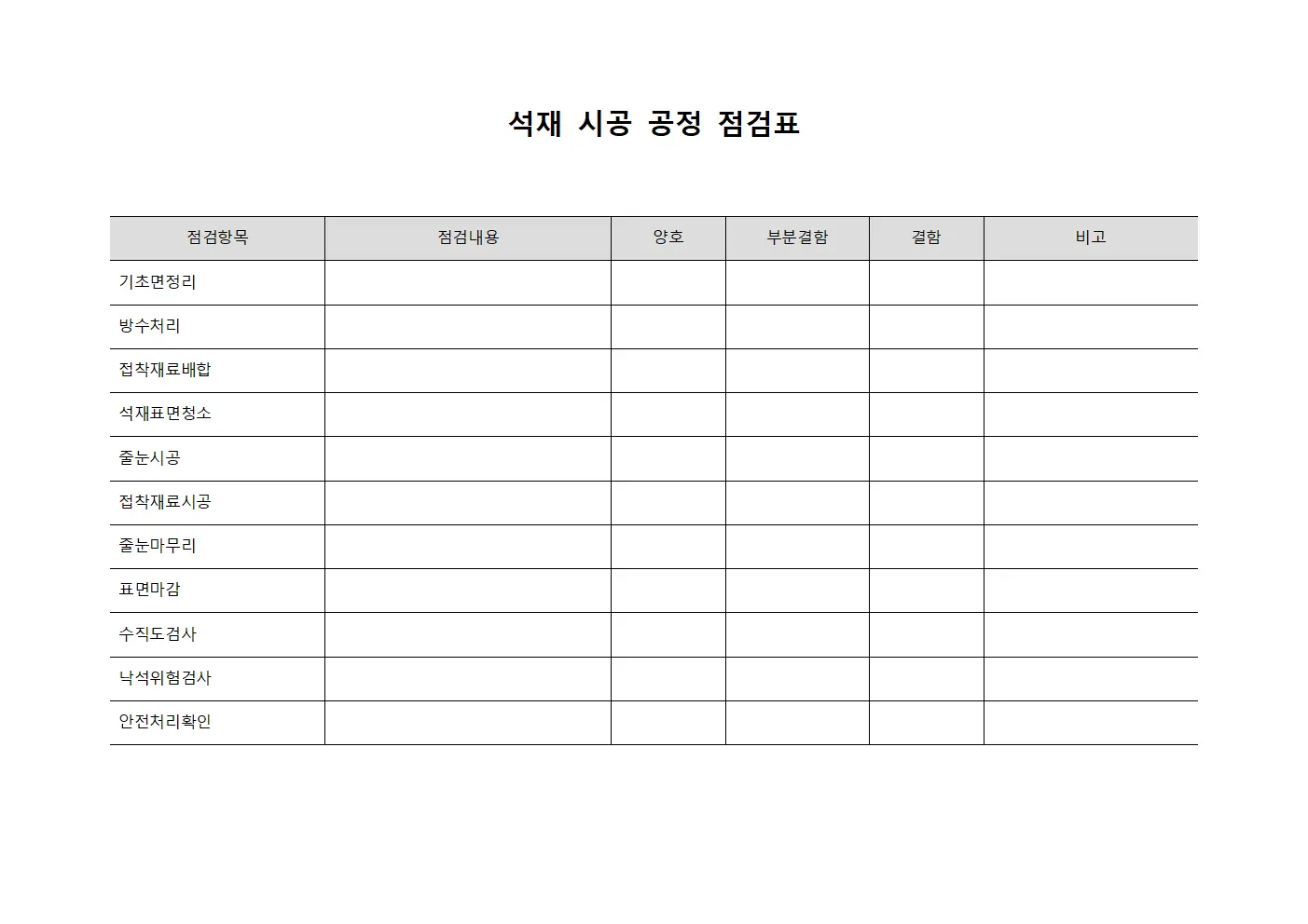 석재 시공 공정 점검표