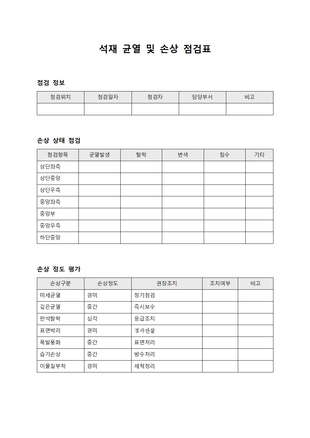 석재 균열 및 손상 점검표