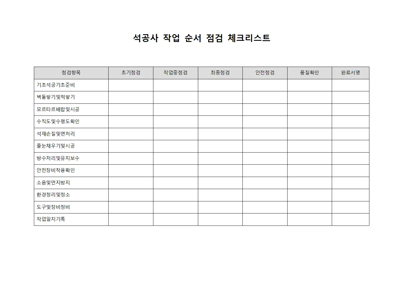 석공사 작업 순서 점검 체크리스트 문서서식