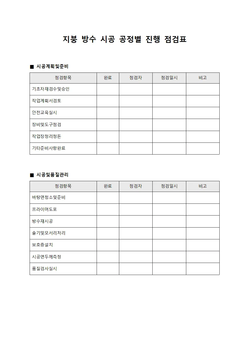 지붕 방수 시공 공정별 진행 점검표