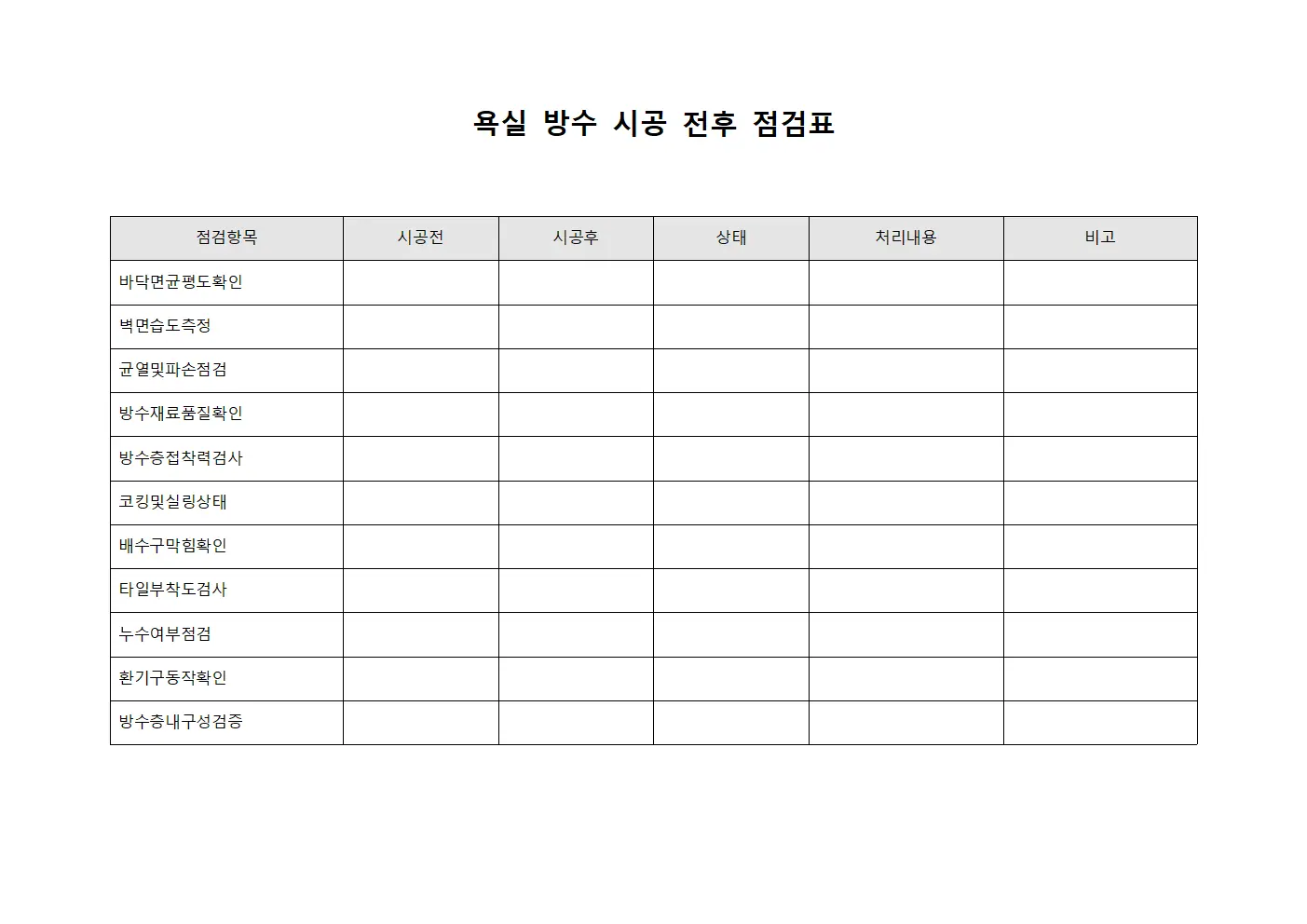 욕실 방수 시공 전후 점검표