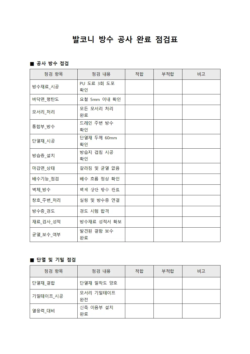 발코니 방수 공사 완료 점검표
