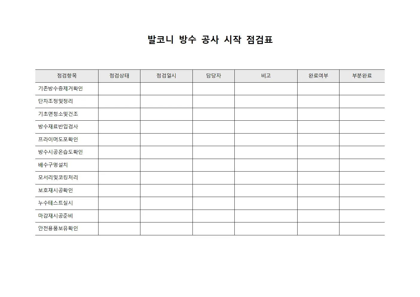 발코니 방수 공사 시작 점검표