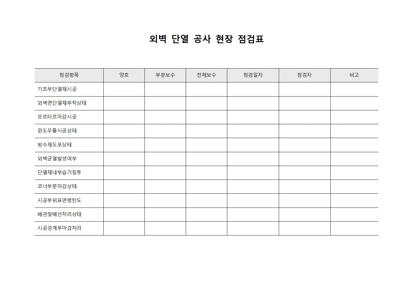 외벽 단열 공사 현장 점검표