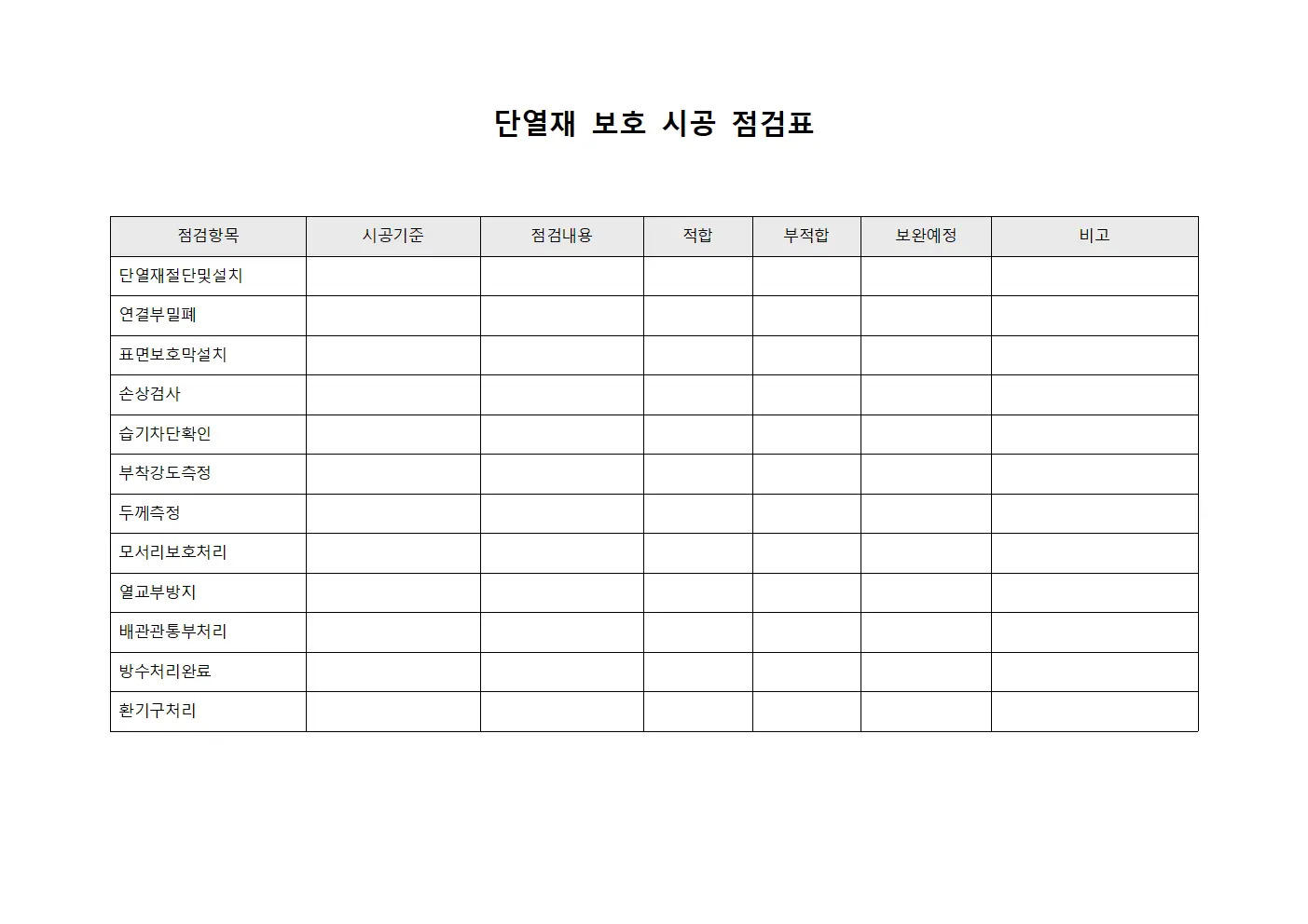 단열재 보호 시공 점검표 템플릿 양식