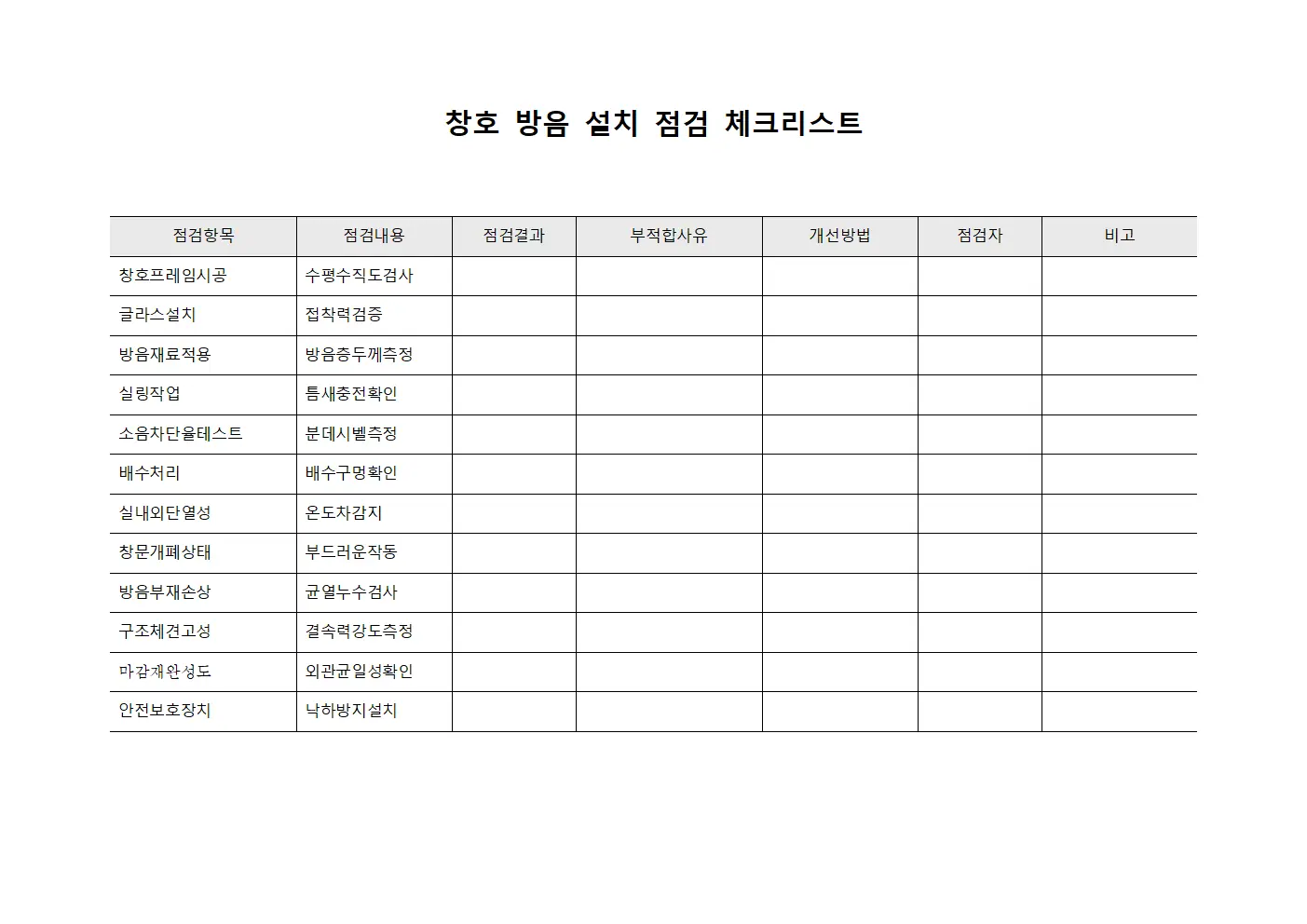 창호 방음 설치 점검 체크리스트 양식문서