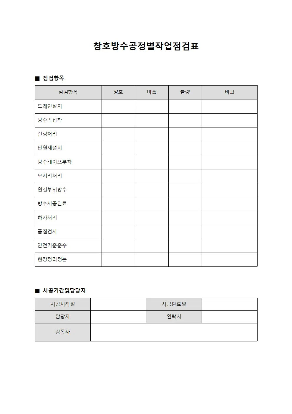창호방수공정별작업점검표
