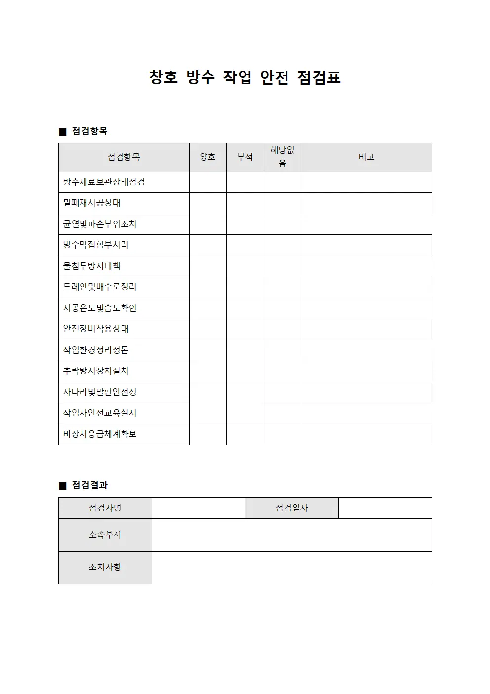 창호 방수 작업 안전 점검표