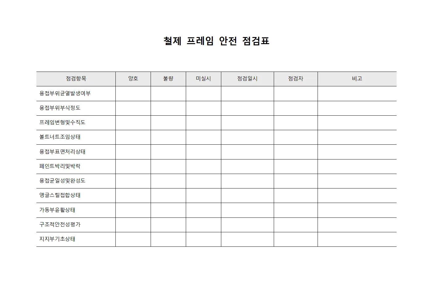 철제 프레임 안전 점검표