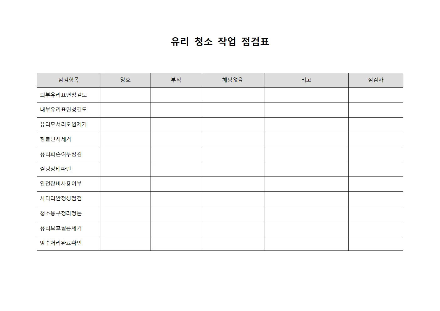 유리 청소 작업 점검표 서식파일