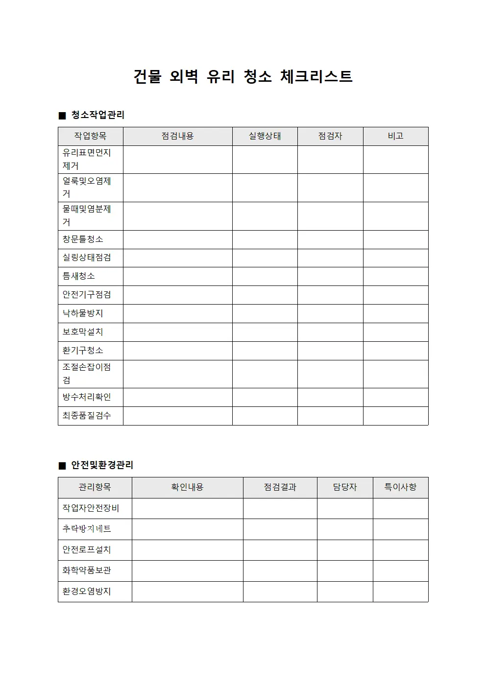 건물 외벽 유리 청소 체크리스트