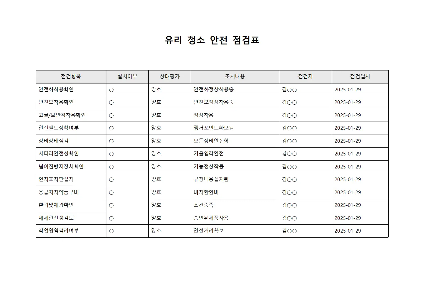 유리 청소 안전 점검표 양식