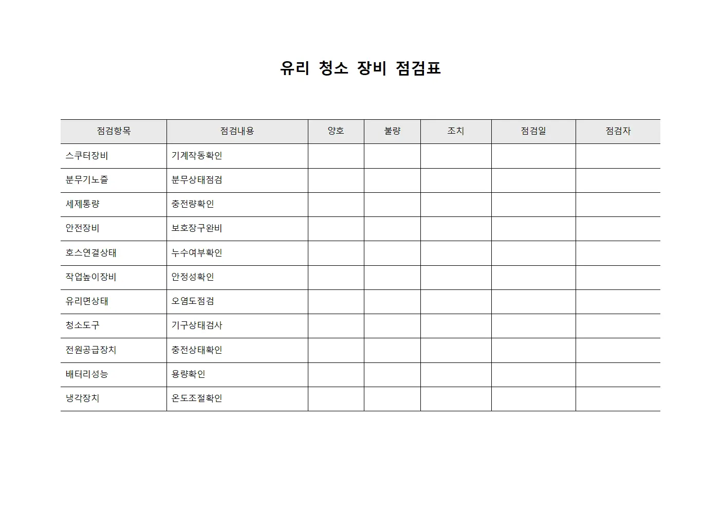 유리 청소 장비 점검표