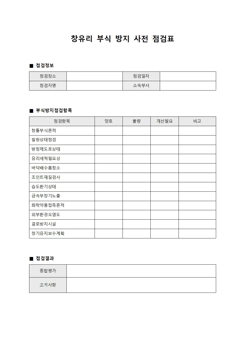 창유리 부식 방지 사전 점검표