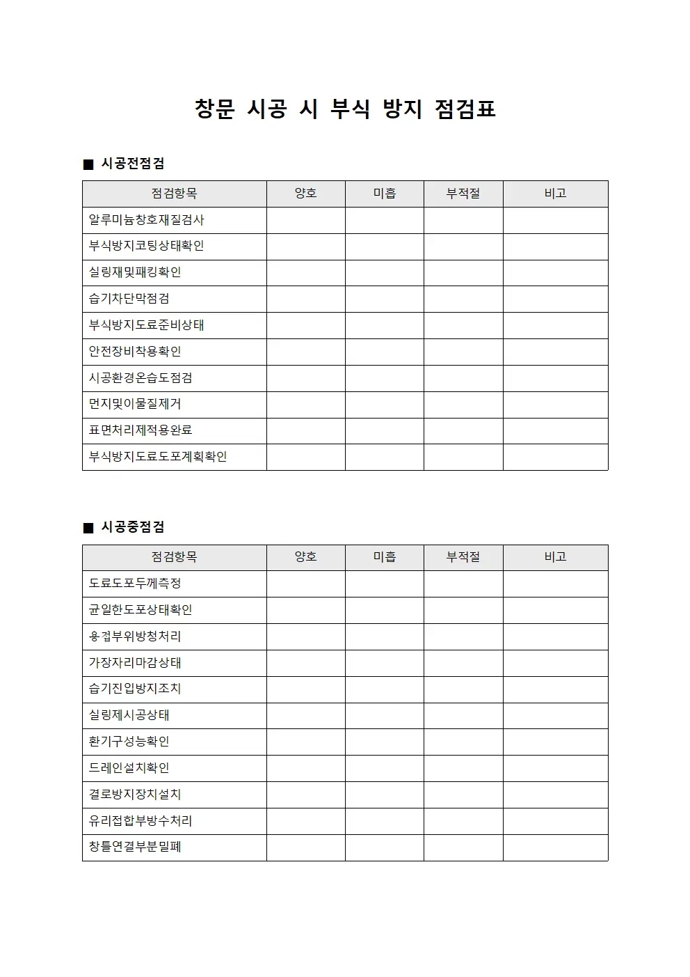 창문 시공시 부식 방지 점검표
