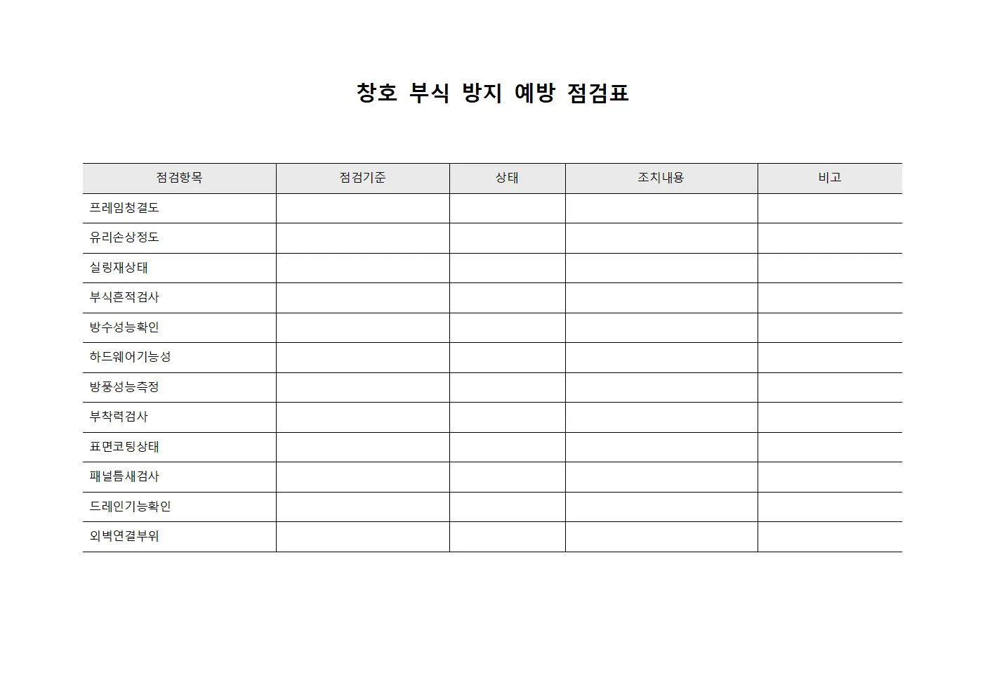 창호 부식 방지 예방 점검표 서식