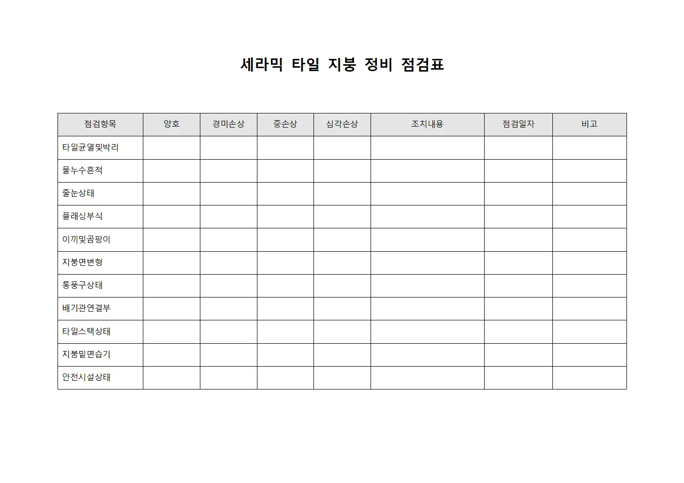 세라믹 타일 지붕 정비 점검표