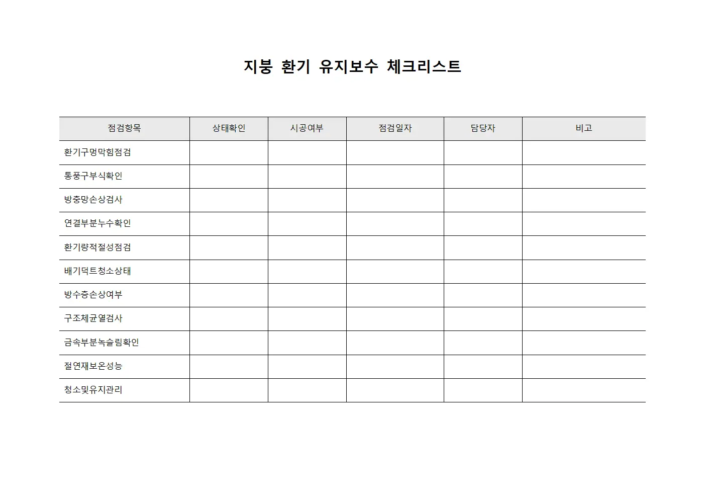지붕 환기 유지보수 체크리스트 템플릿