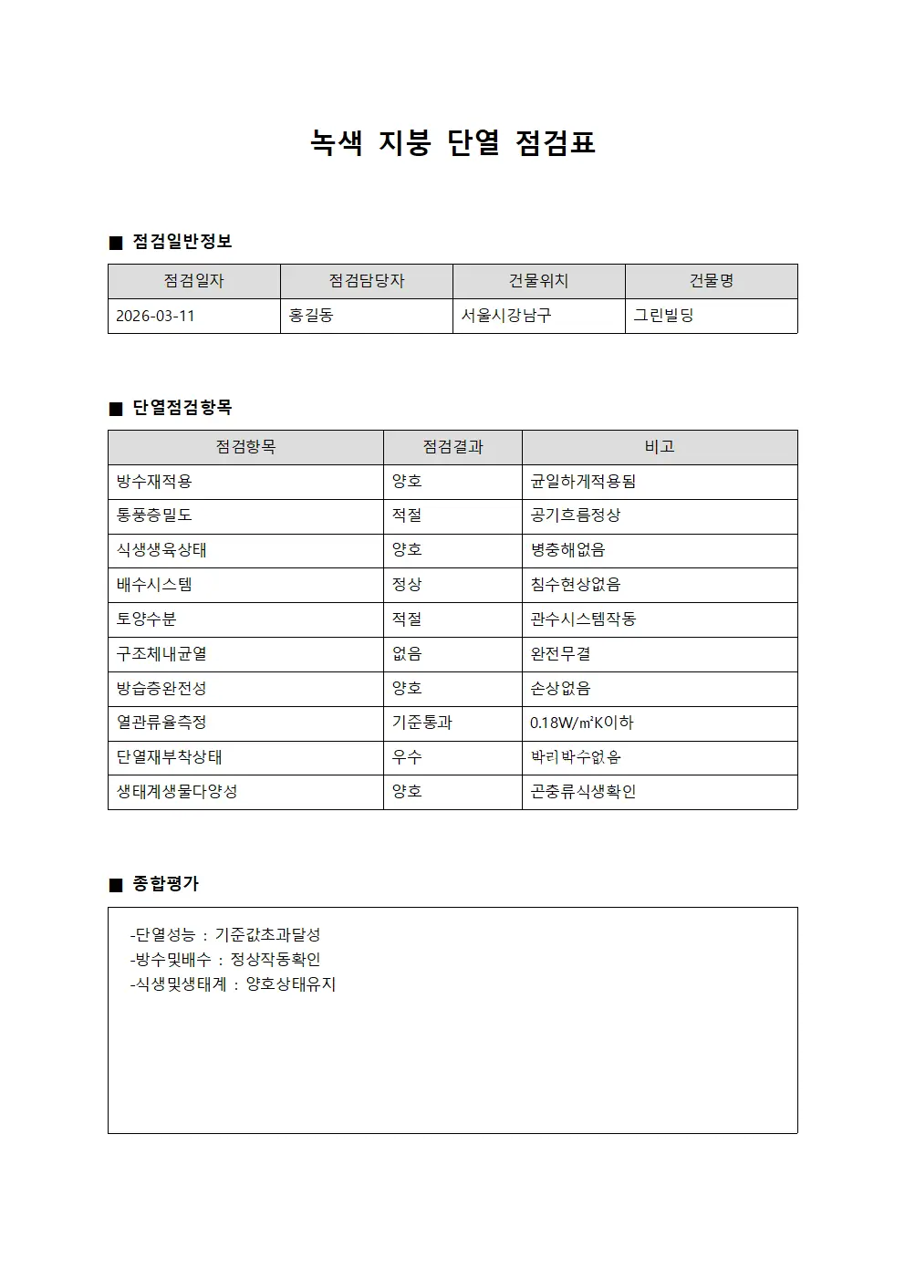 녹색 지붕 단열 점검표 서식문서