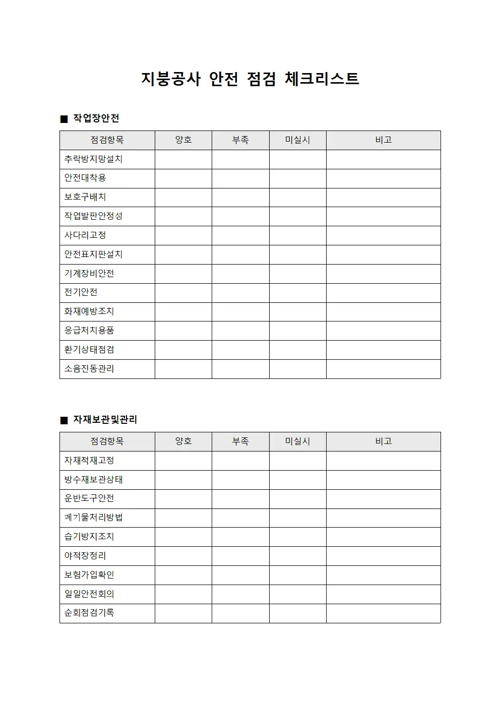 지붕공사 안전 점검 체크리스트 서식파일