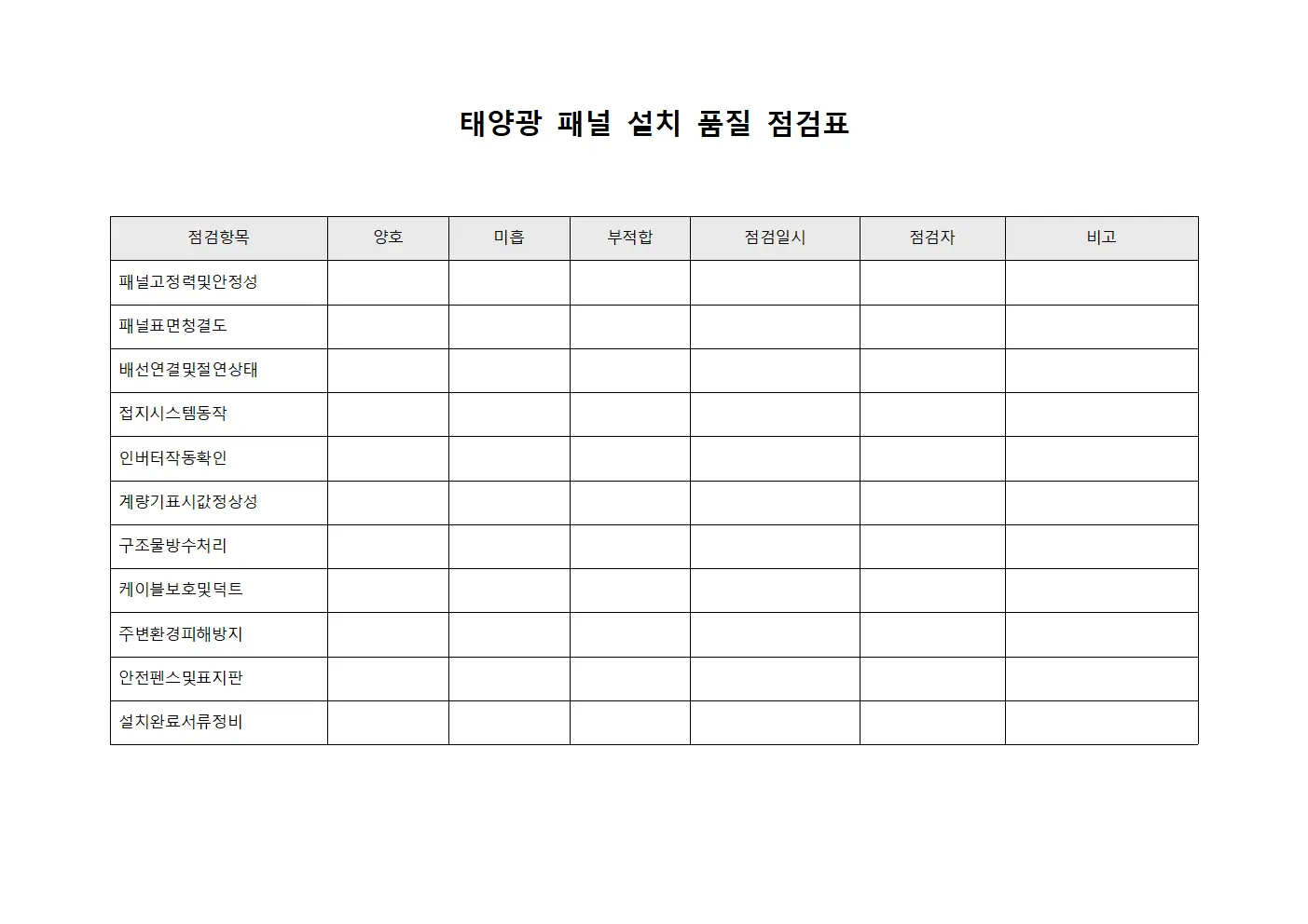 태양광 패널 설치 품질 점검표 문서.서식