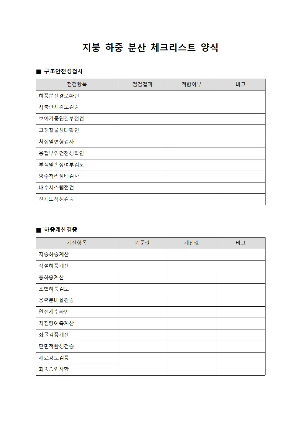 지붕 하중 분산 체크리스트 양식