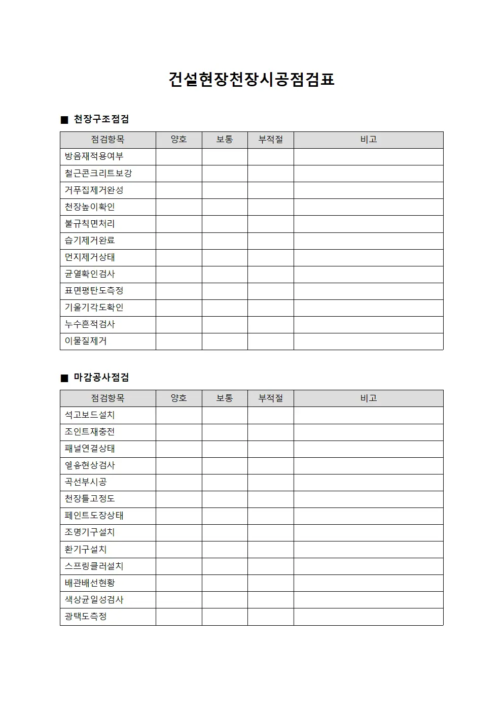 건설현장천장시공점검표