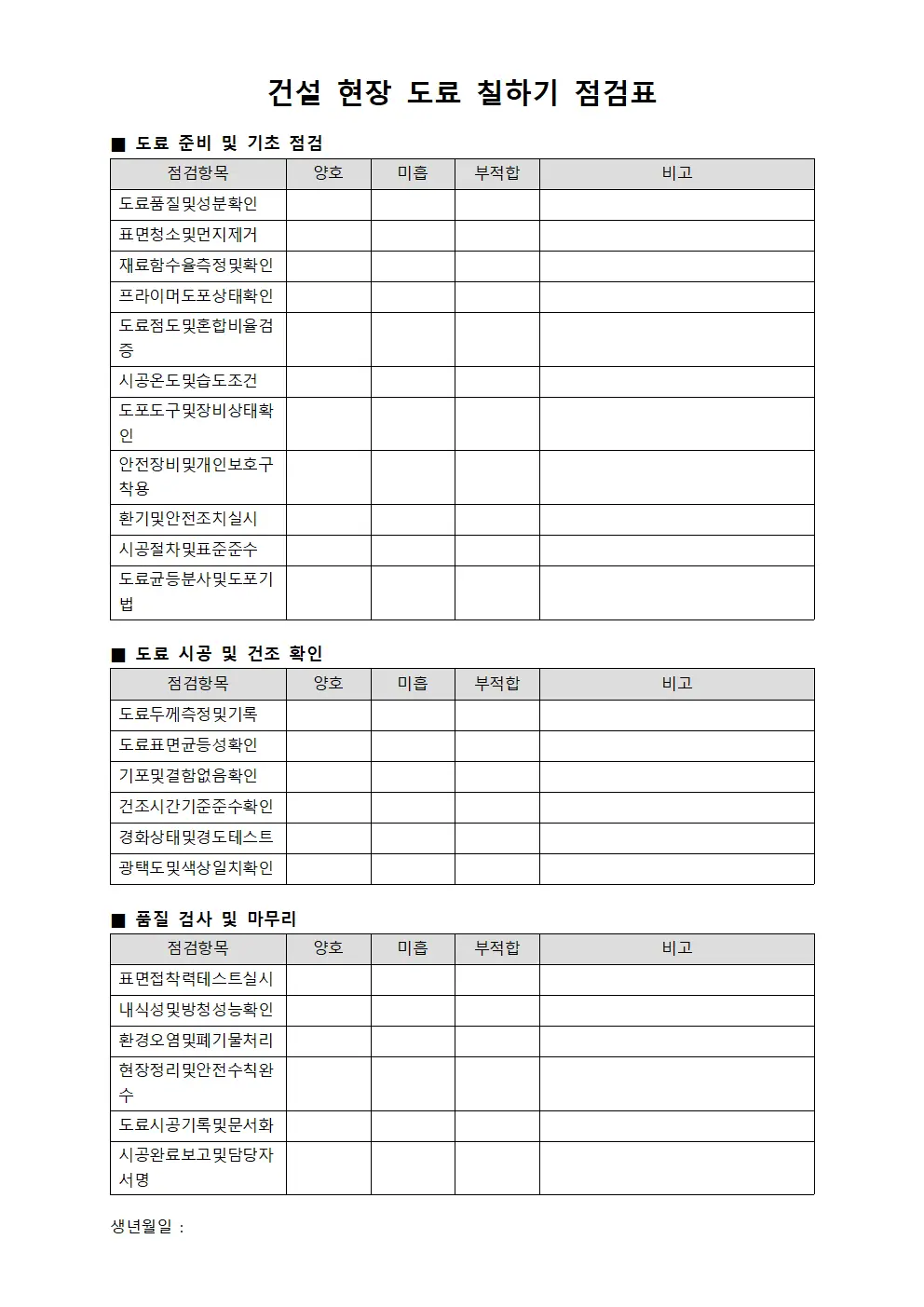 건설 현장 도료 칠하기 점검표