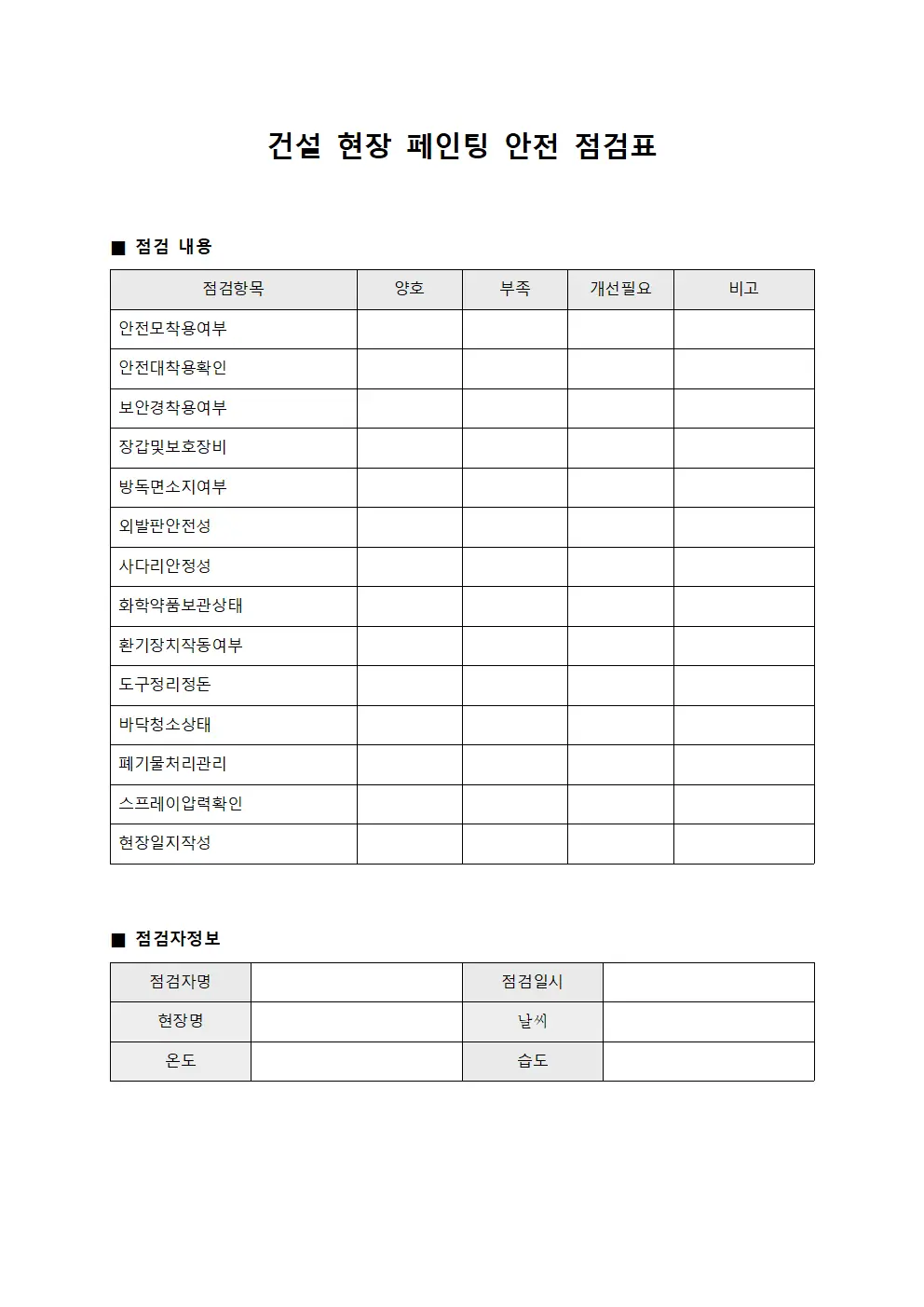건설 현장 페인팅 안전 점검표