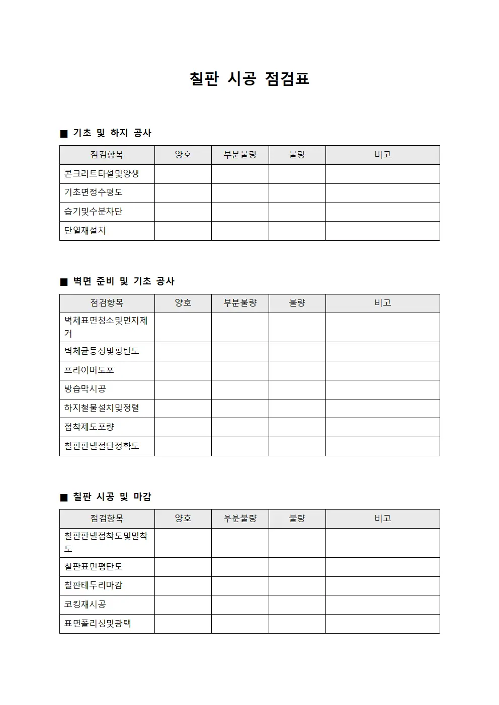 칠판 시공 점검표