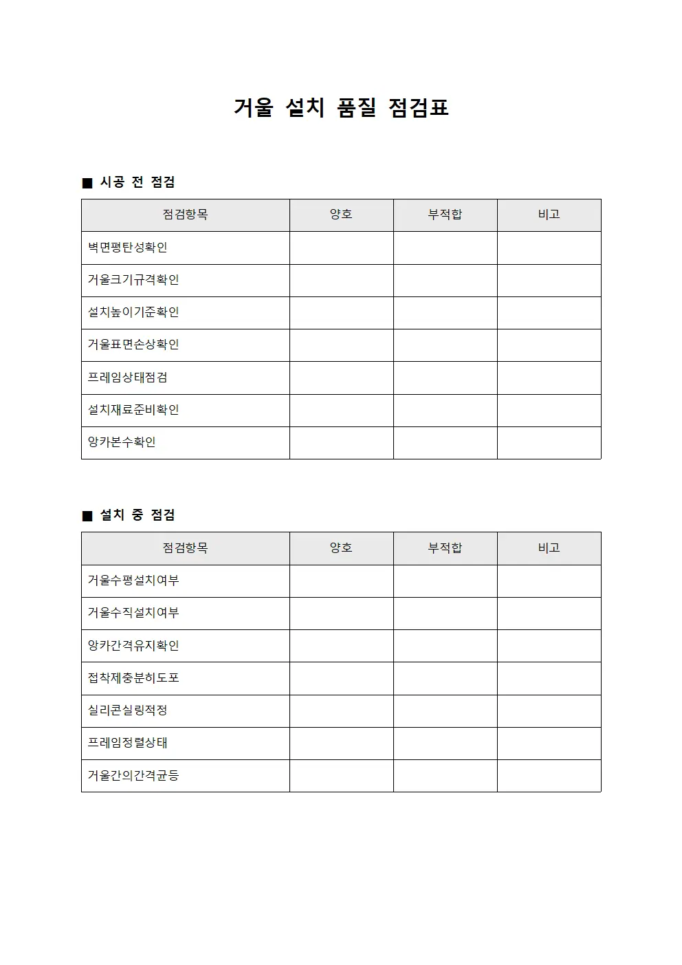 거울 설치 품질 점검표