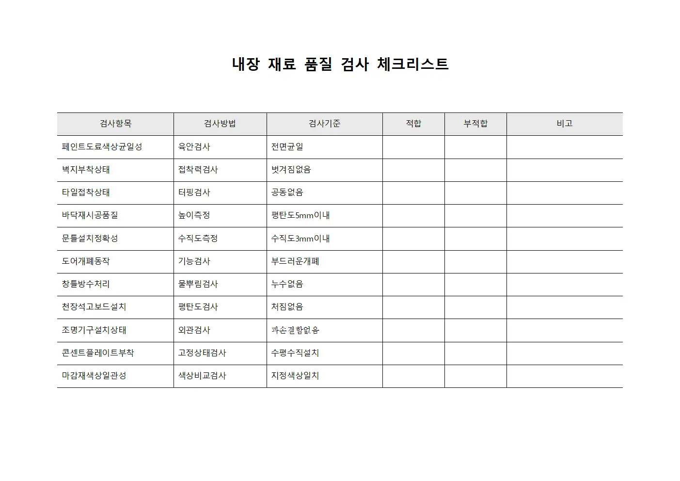 내장 재료 품질 검사 체크리스트 파일양식