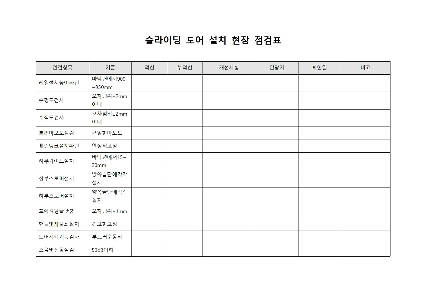 슬라이딩 도어 설치 현장 점검표