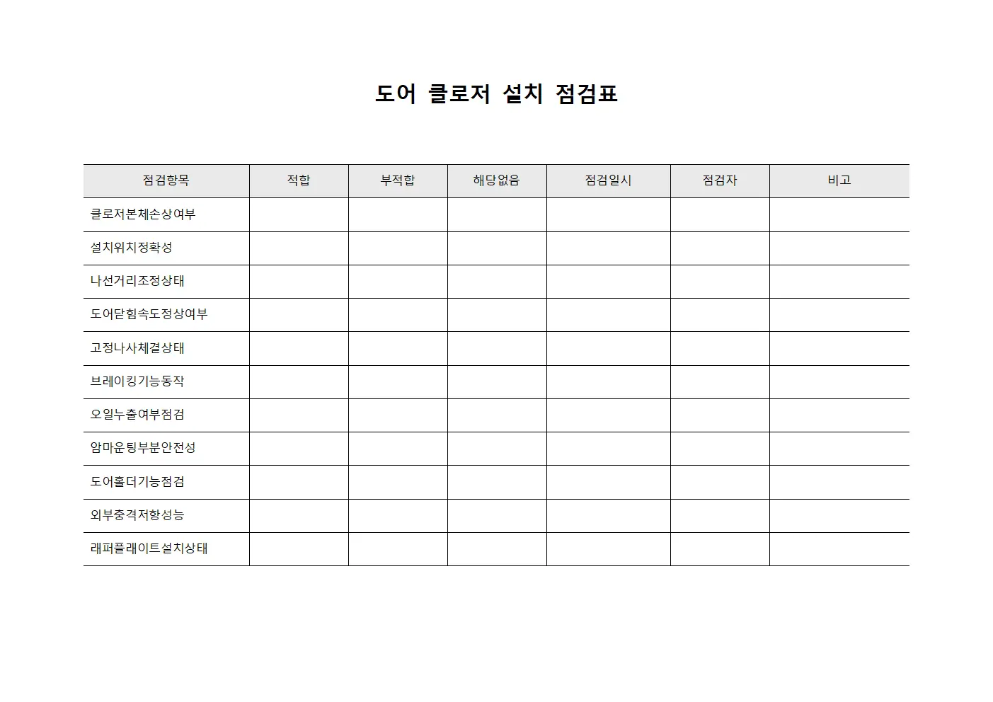 도어 클로저 설치 점검표 양식파일