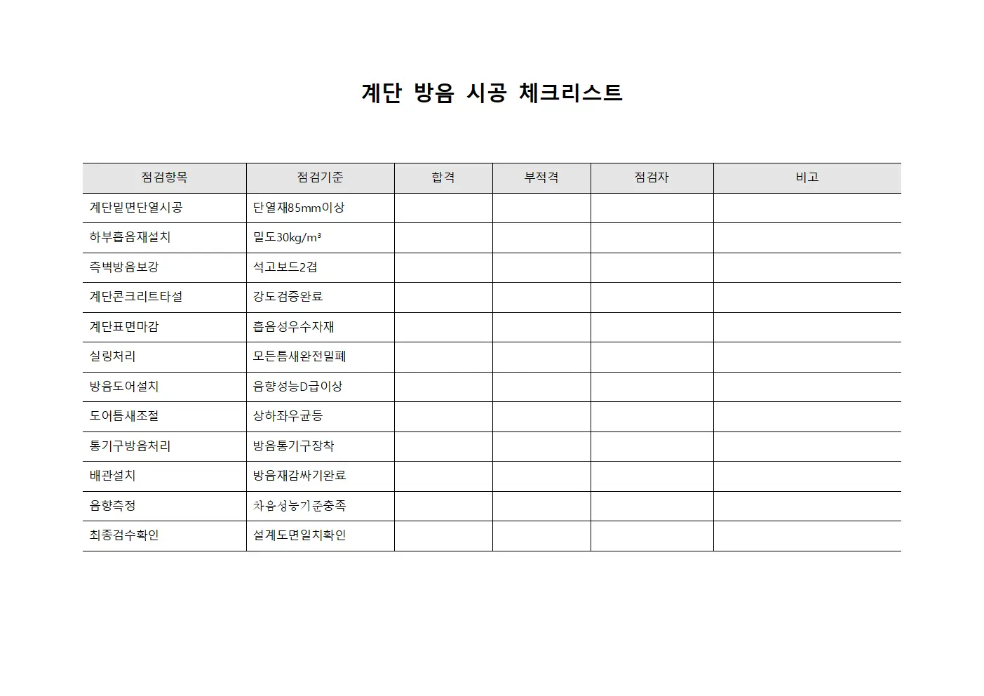 계단 방음 시공 체크리스트 양식