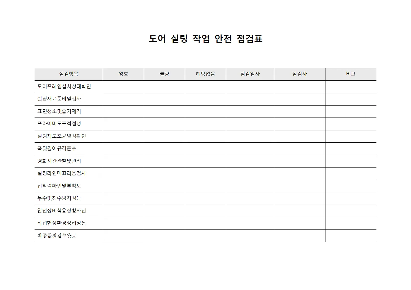 도어 실링 작업 안전 점검표 양식.서식
