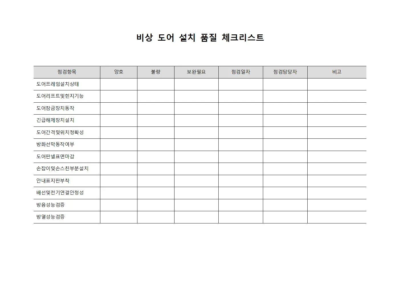 비상 도어 설치 품질 체크리스트 양식문서