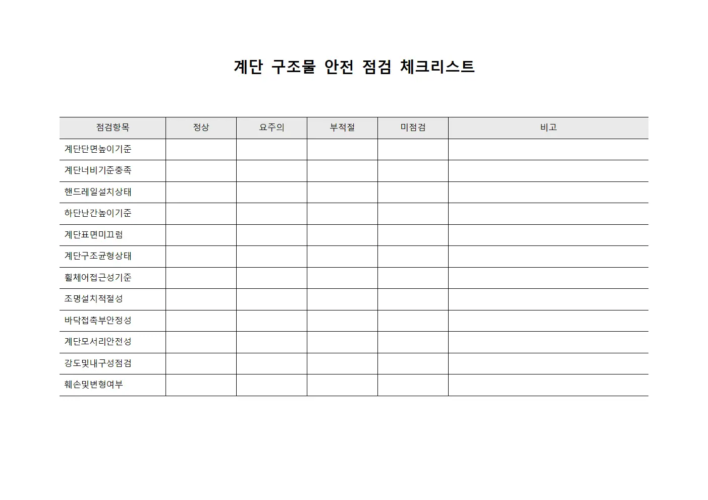 계단 구조물 안전 점검 체크리스트 서식파일