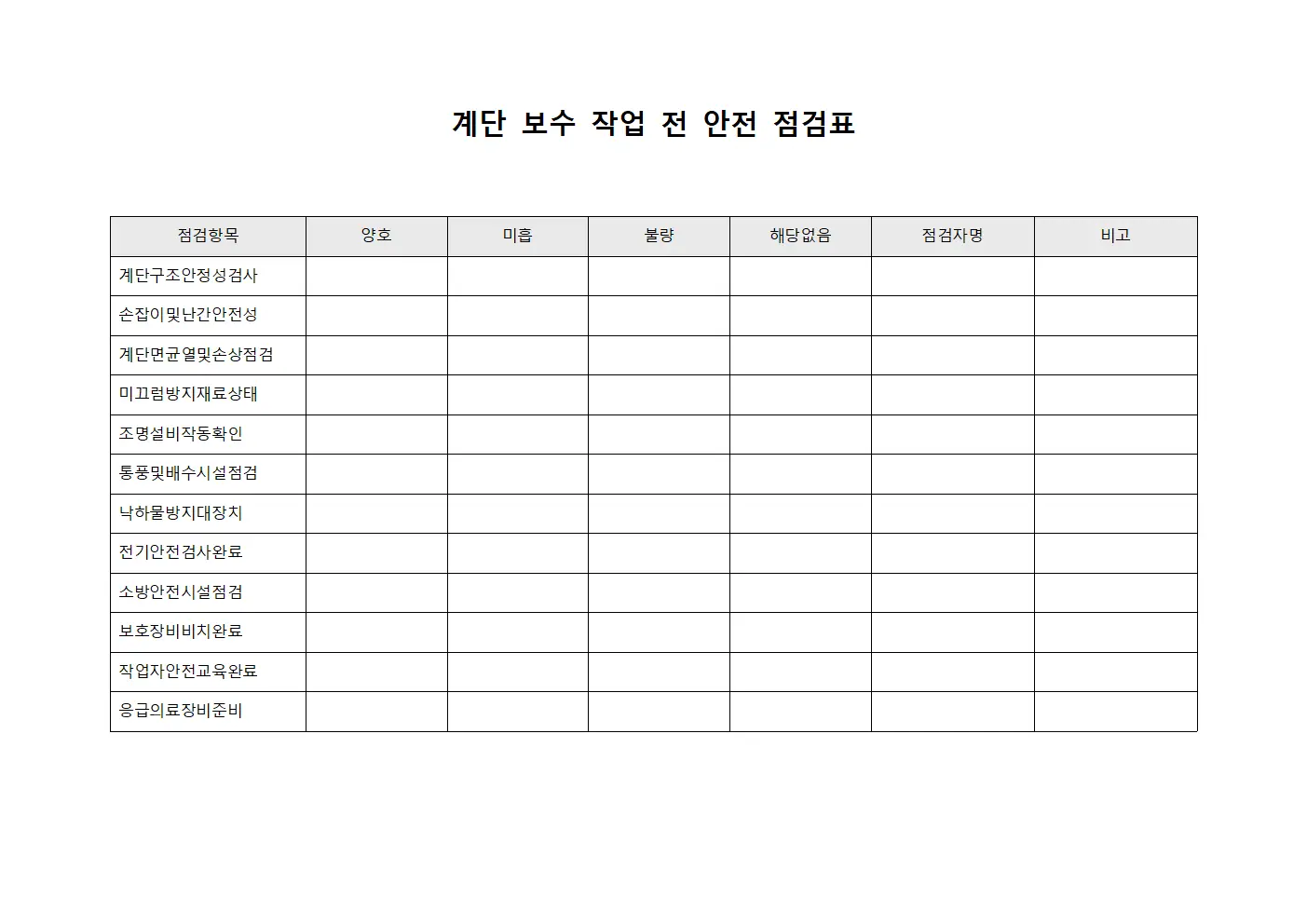 계단 보수 작업 전 안전 점검표 파일양식