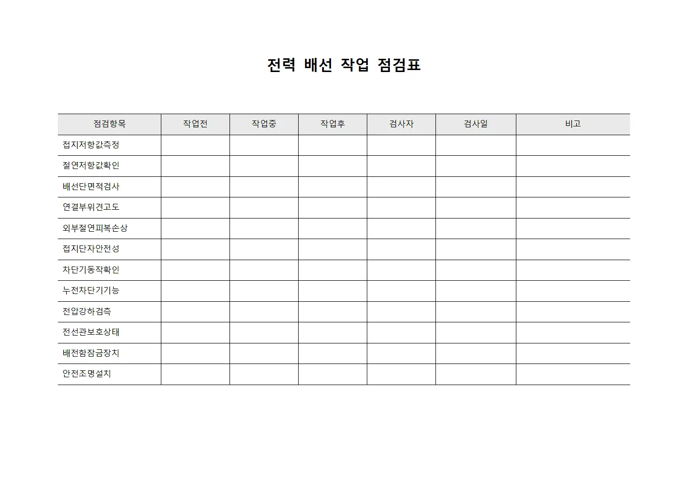 전력 배선 작업 점검표 템플릿 양식