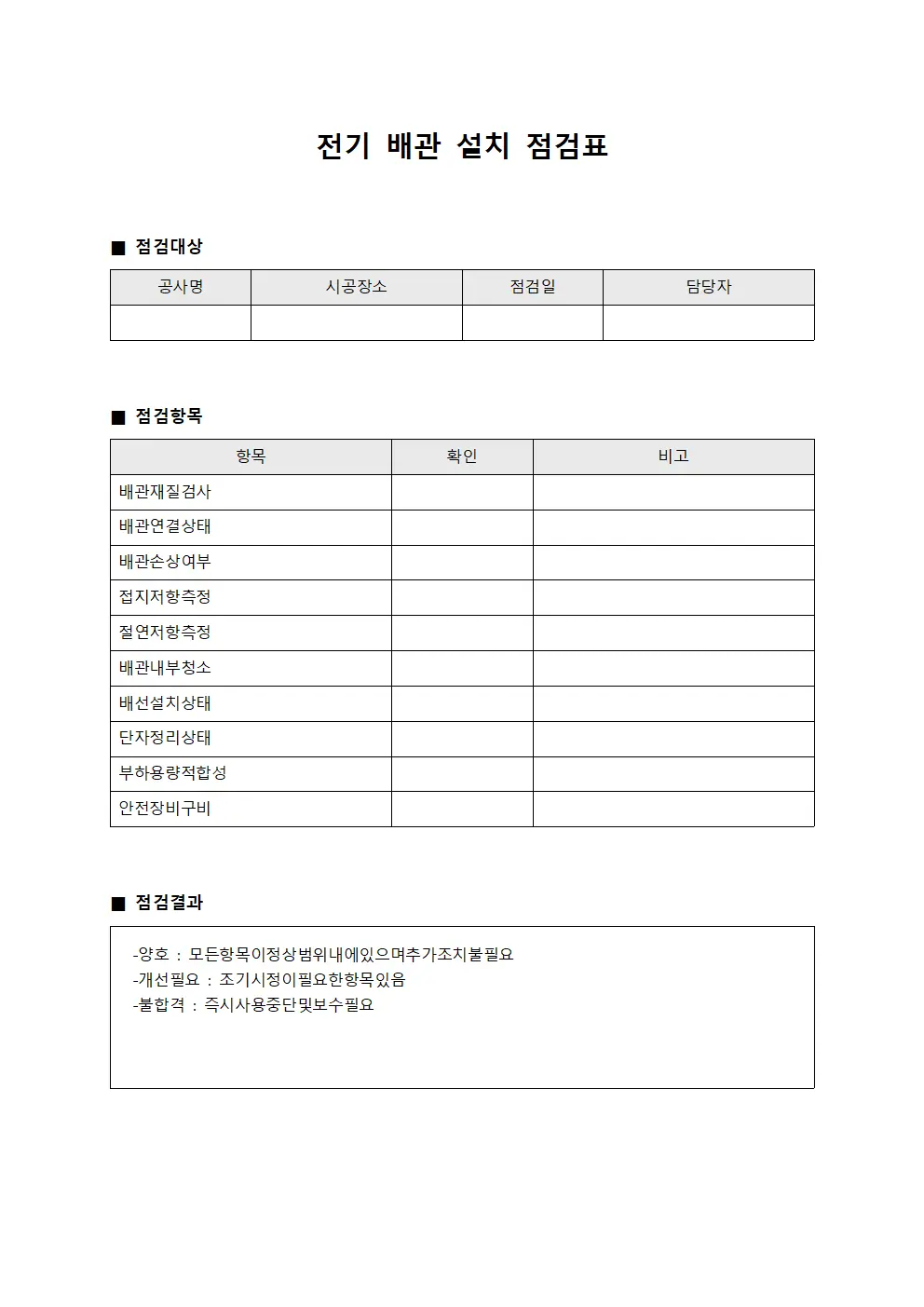 전기 배관 설치 점검표