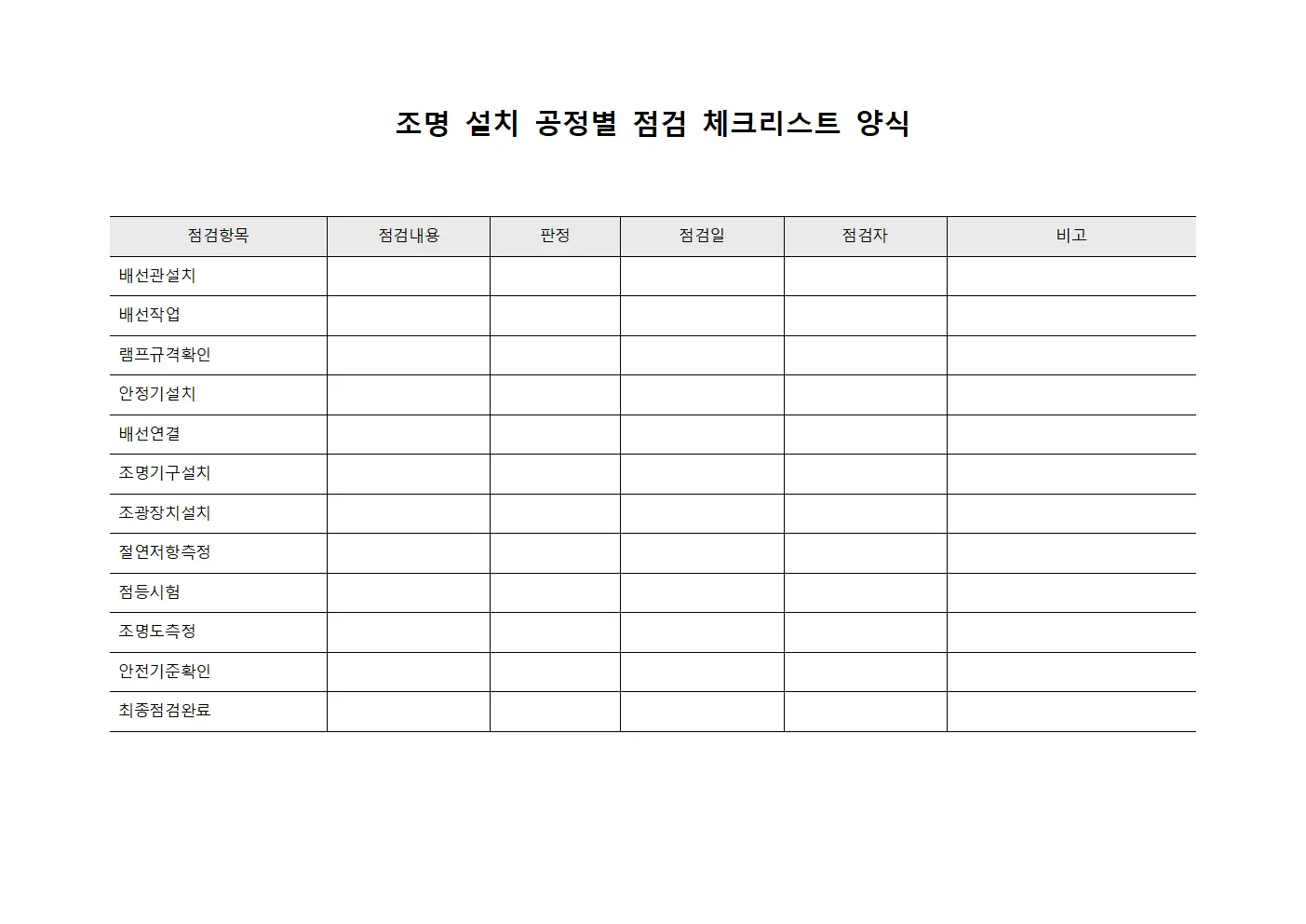 조명 설치 공정별 점검 체크리스트