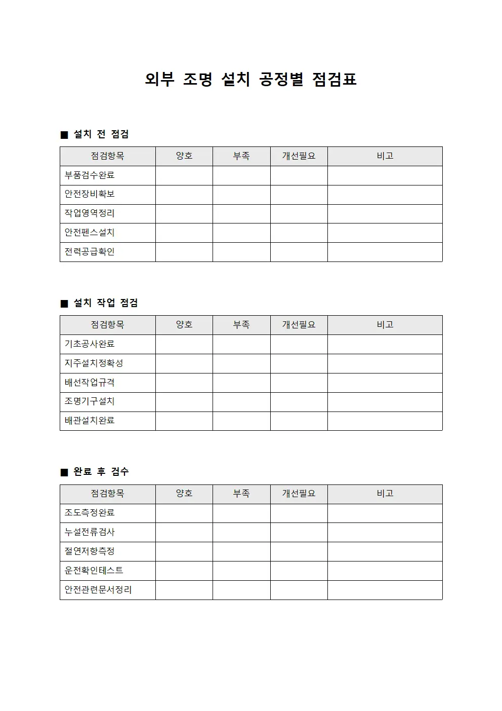 외부 조명 설치 공정별 점검표