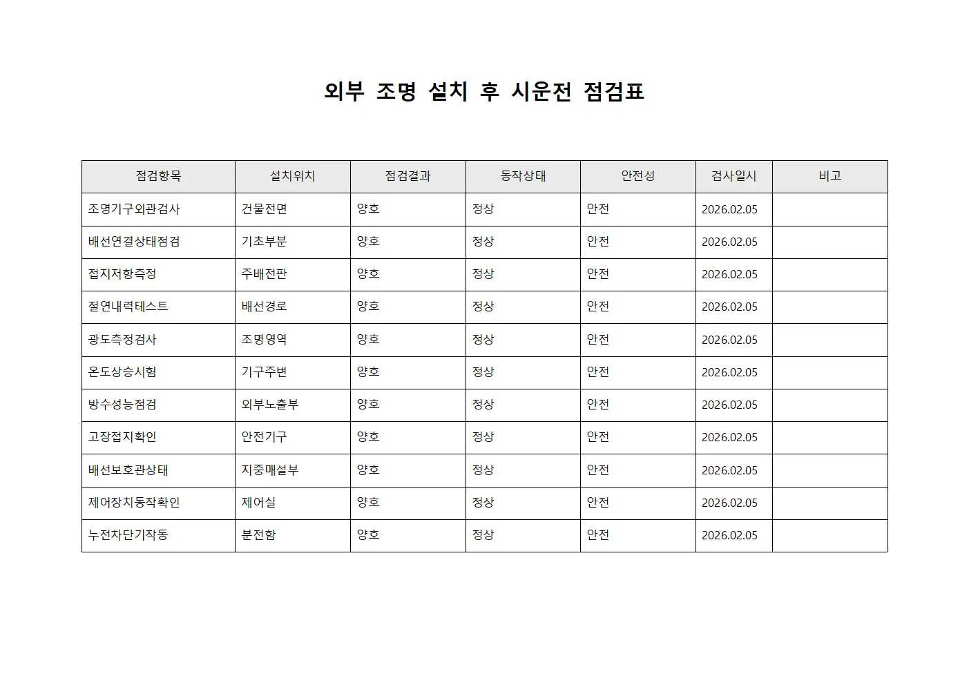 외부 조명 설치 후 시운전 점검표 양식