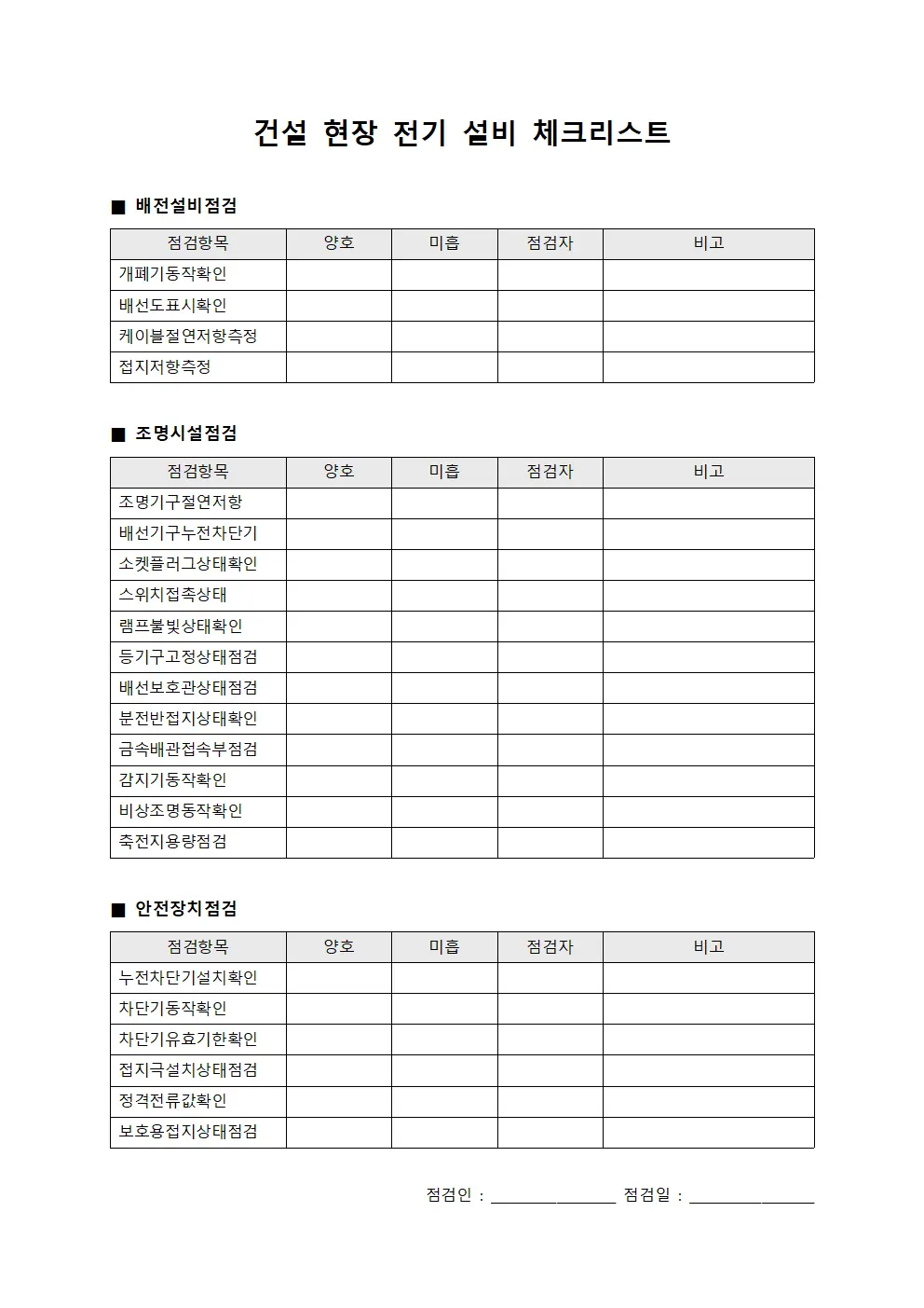 건설 현장 전기 설비 체크리스트
