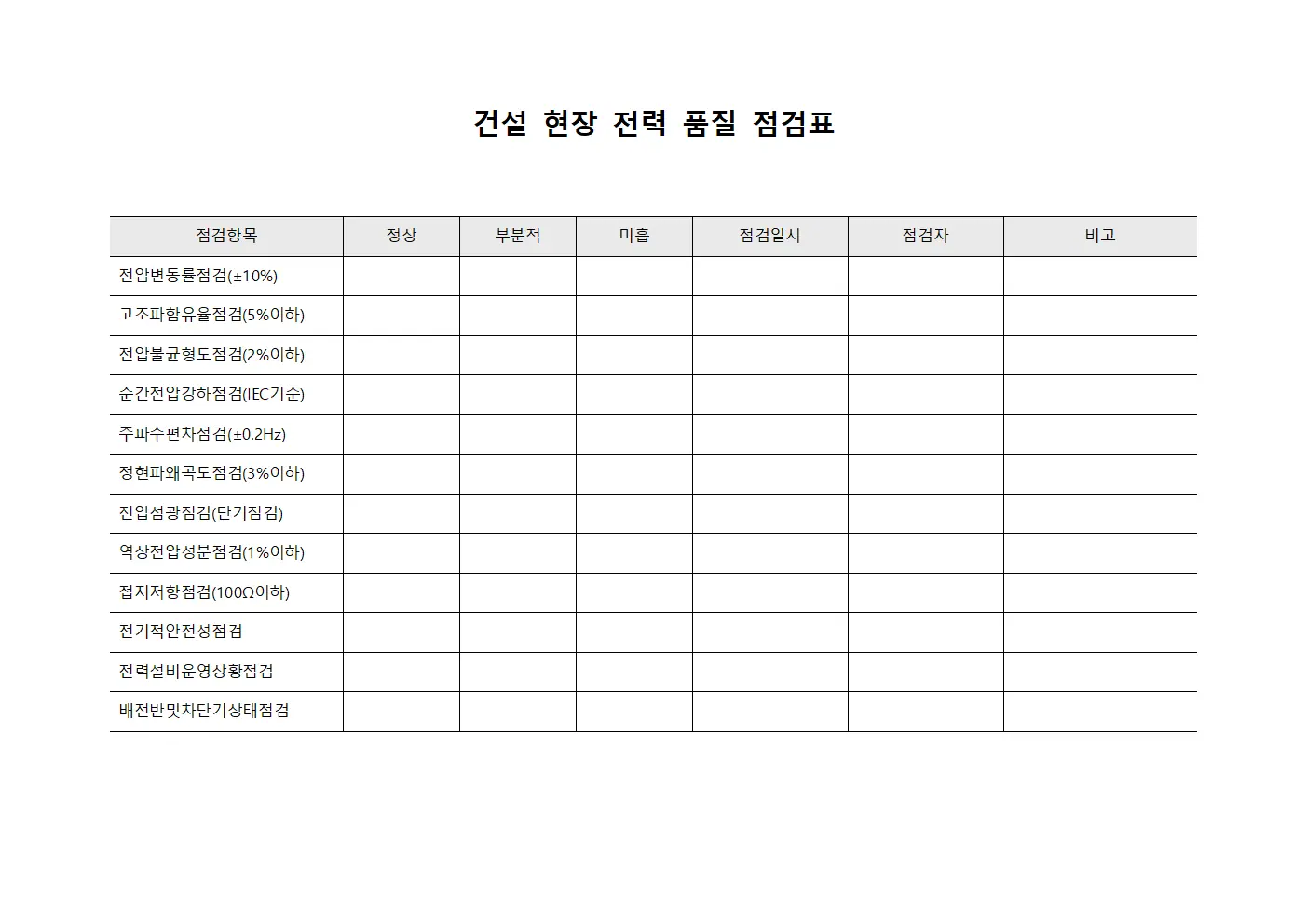 건설 현장 전력 품질 점검표 템플릿